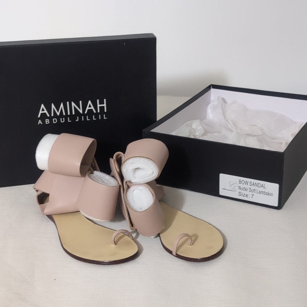 ​Aminah Abdul Jillil Bow Flat Sandal Nude‎ Pink Lambskin Size 7